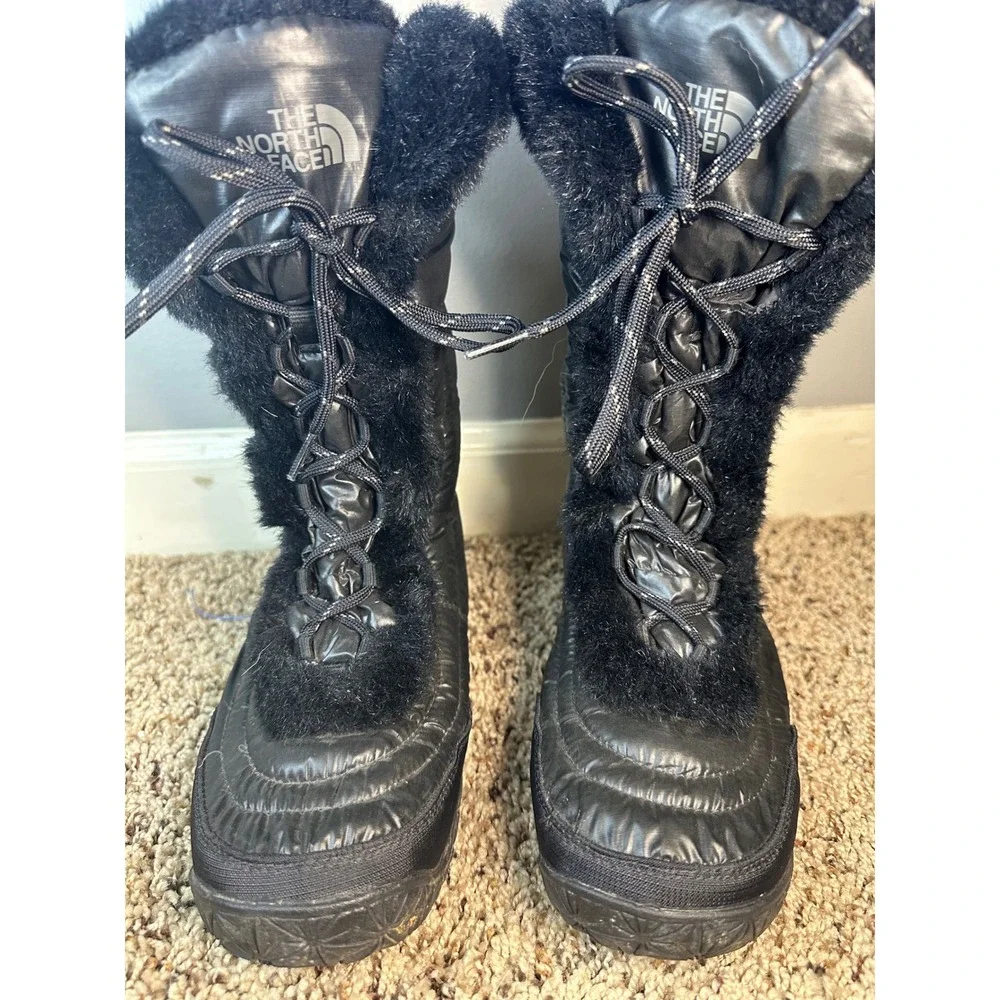 The North Face Nuptse Purna Black Faux Fur Water Resistant Winter Boots Womens 8